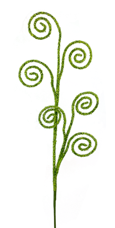 This 27" Green Moss Spiral Curly Spray, featuring 6 stems (product number 63320GN), is a decorative metal plant stake with an abstract design that incorporates spiraling branches and curly sprays. Its textured, colorful background provides a vibrant contrast to the greenish hue of the metal stake.