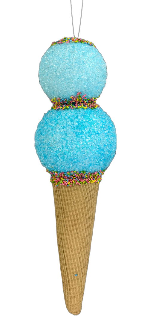 The 16" Blue Ice Cream Ornament (63394BL) is designed to look like a double-scoop cone. It features vibrant blue scoops with colorful sprinkles and a charming textured waffle cone. Strings for display make this Blue/Brown/Multi decorative piece a delightful addition.