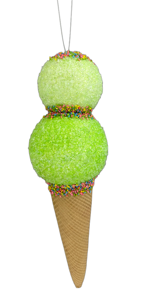 The 16" Green Ice Cream Ornament (Product Number: 63394GN) is a decorative piece shaped like a green ice cream cone with two scoops and sprinkled with colorful accents. This eye-catching ornament adds a whimsical touch to any decor with its delightful portrayal of an ice cream treat.