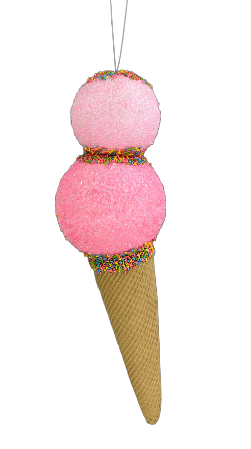 The 16" Pink Ice Cream Ornament 63394PK, with a whimsical design, showcases a delightful pink and white cone embellished with sprinkles.