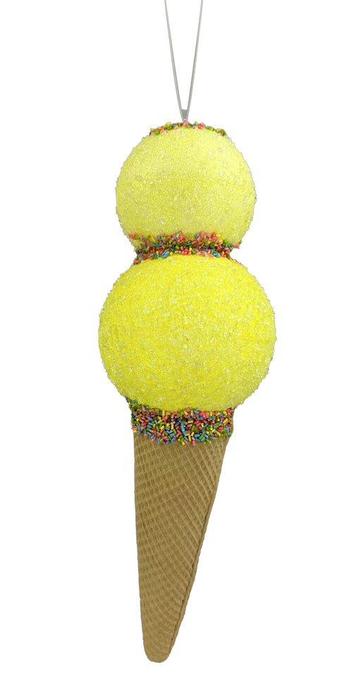 The 16" Yellow Ice Cream Ornament 63394YW showcases a charming hanging design, featuring two scoops of yellow ice cream adorned with colorful sprinkles, all sitting atop a brown waffle cone.