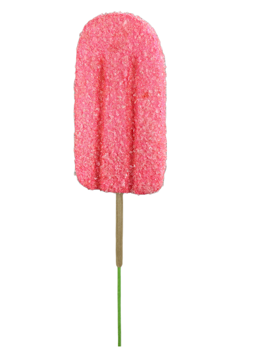 A 20" by 4" Pink Popsicle Pick (Product Code: 63396PK), featuring a strawberry-flavored ice cream bar coated with pink sugar crystals, stands upright on a wooden stick against a plain white background.