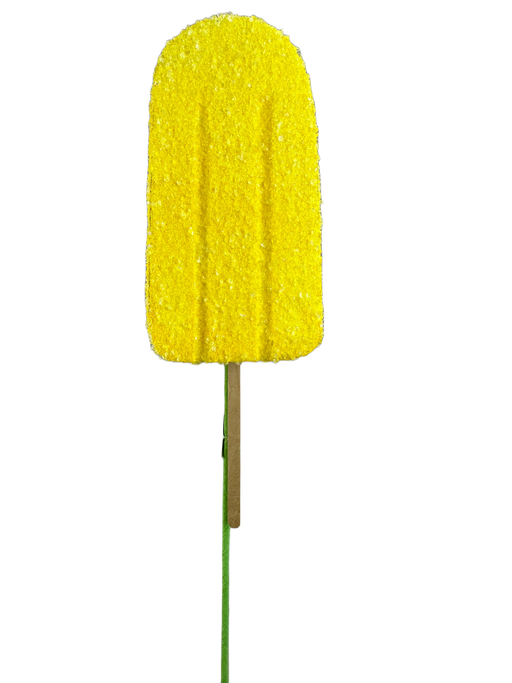 A dazzling 20" by 4" Yellow Popsicle Pick 63396YW, shimmering with sugar crystals on a wooden stick, is set against a black background.