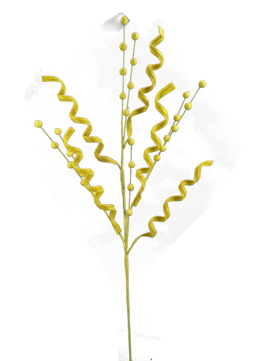 The 29" Yellow Curly Spray with 5 Stems (Product Code: 63402YW) is a decorative piece featuring small round yellow beads and spiraling ribbons, set against a black background.