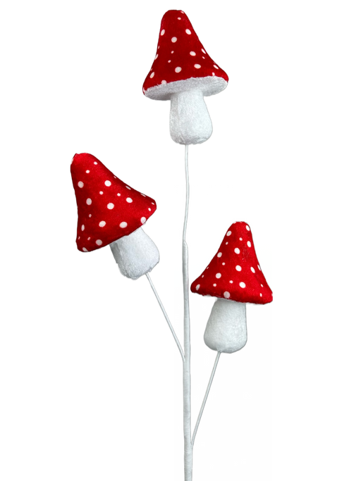 The 30 Red 3 Stems Mushroom Spray (63404RD) features three plush mushrooms with red tops and white polka dots against a plain background. The image is digitally edited for transparency, accentuating the vibrant red and white colors as if in a whimsical setting.