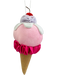 The 11 by 4 Pink Ice Cream Ornament (63418PK) is a plush toy on a string, designed like an ice cream cone. It features a pink scoop with white and lavender whipped cream, topped with a red cherry, all sitting above a tan cone adorned with hot pink ruffled trim.