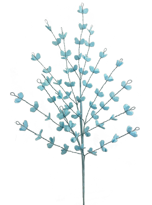 A delicate twig, similar to the 30" Blue Filler Spray 63459BL, is decorated with numerous small, light blue butterfly-like ornaments and is set against a solid black background, resembling an elegant decorative branch.