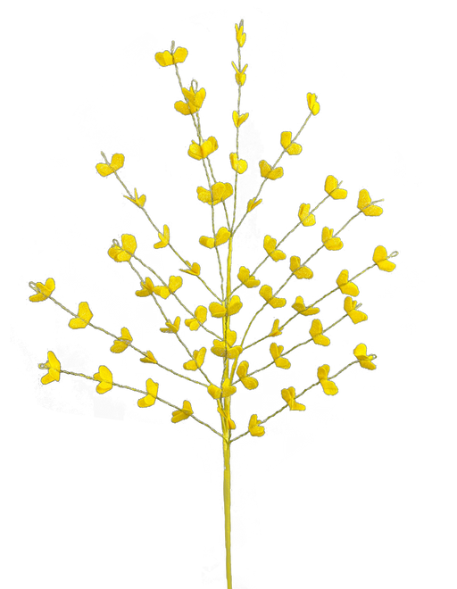 The 30 Yellow Filler Spray 63459YW features vibrant yellow flowers arranged symmetrically, resembling butterflies against a solid black background.