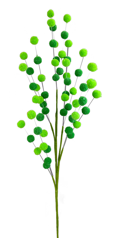 The 30 Green Felt Ball Spray (63476GN) features a collection of artificial green felt balls resembling leaves or buds on five thin, branching stems. The vivid green contrasts beautifully against a black background.