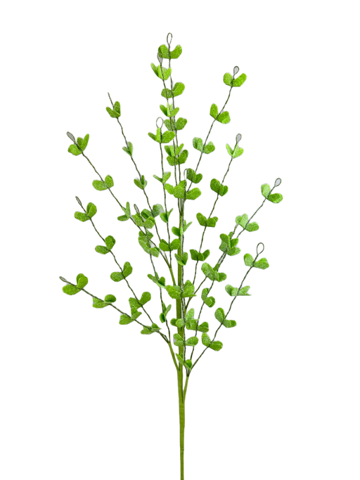 The 30 Green Filler Spray 63479GN is elegantly displayed against a solid black background, featuring multiple stems with alternately arranged round, vibrant green leaves.