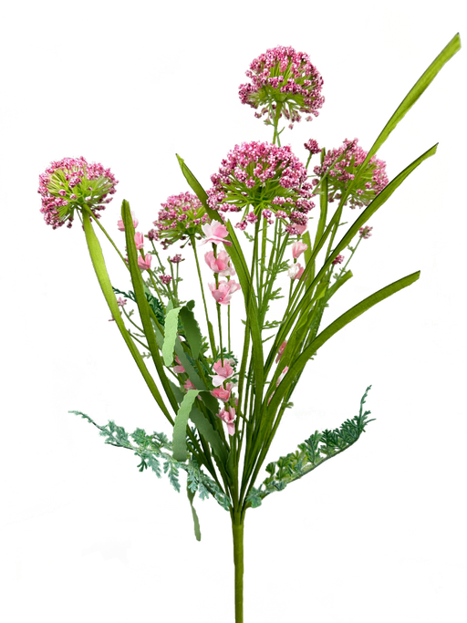 A digital artwork features a 20 Hot Pink Sedum Bush 63498BT in the foreground, set against vibrant abstract swirls of black, yellow, red, and blue. The hot pink flowers strikingly contrast with the colorful background.
