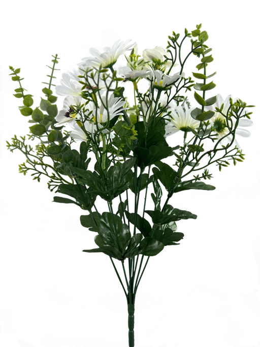 A bouquet featuring the 18\ Cream Mini Pansy Daisy Mix Bush 12 Stems 63521CM with delicate petals and greenery against a colorful, abstract background reminiscent of a mini garden.