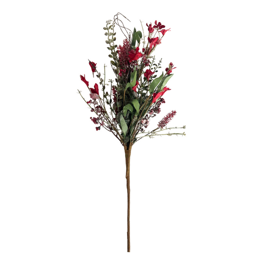 The 24 Mixed Christmas Spray 63526-FrostedR features frosted red flowers, green leaves, and small berries on brown branches, perfect for holiday decor.