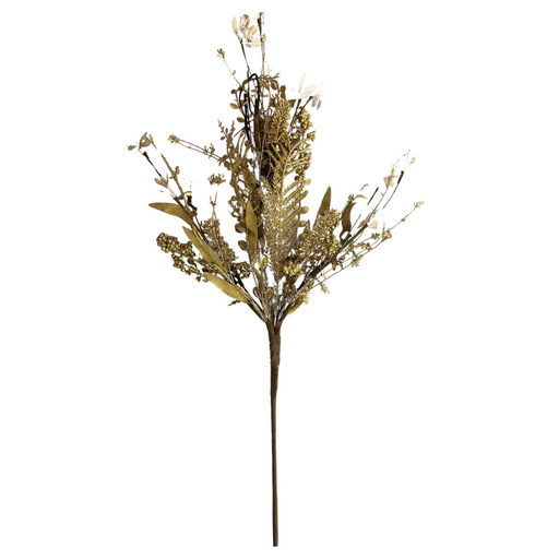 The 24 Mixed Christmas Spray 63526-Gold features multiple branches, small white flowers, green foliage, and elegant gold accents—ideal as a festive floral accent or Christmas spray.