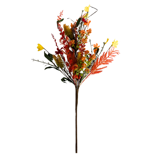 The 24 Mixed Fall Spray 63526-ORYELRD showcases vibrant artificial wildflowers in orange, yellow, and red on a thin brown stem, offering diverse textures against a plain white background.