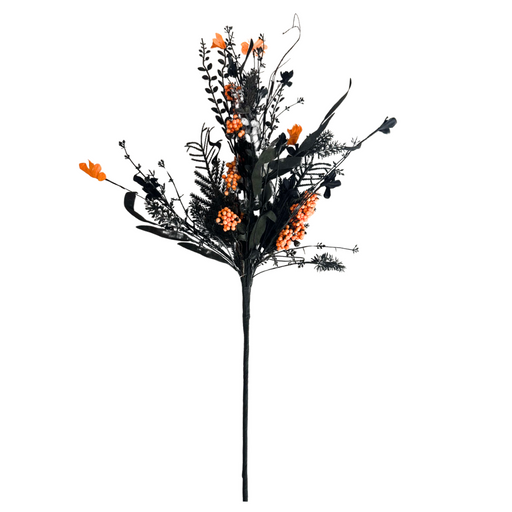 The 24 Mixed Halloween Spray 63526-OR features black leaves and branches, accented with small orange flowers and berry clusters, arranged on a plain white background for an eye-catching orange, black, and white Halloween display.