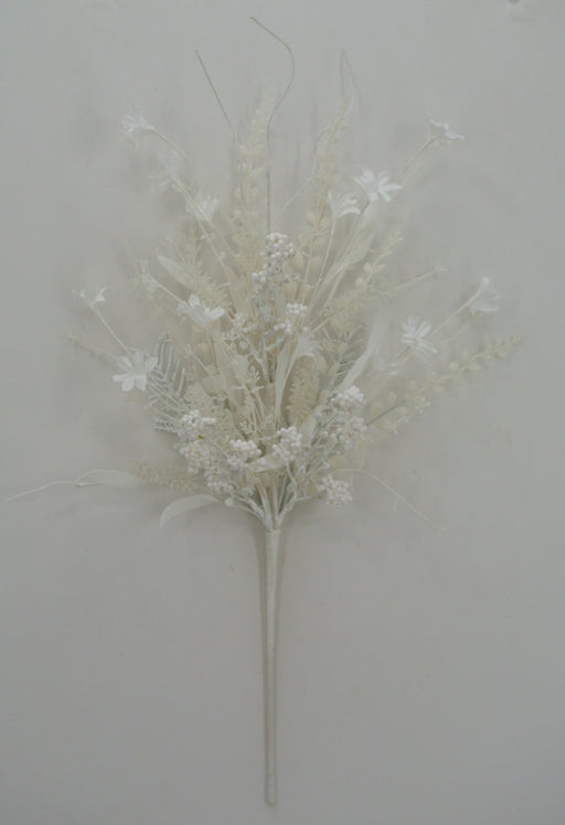 A delicate bouquet of white artificial flowers and foliage, featuring the 24 Mixed Christmas Spray 63526-WT with small blooms and wispy stems, arranged against a plain light background.