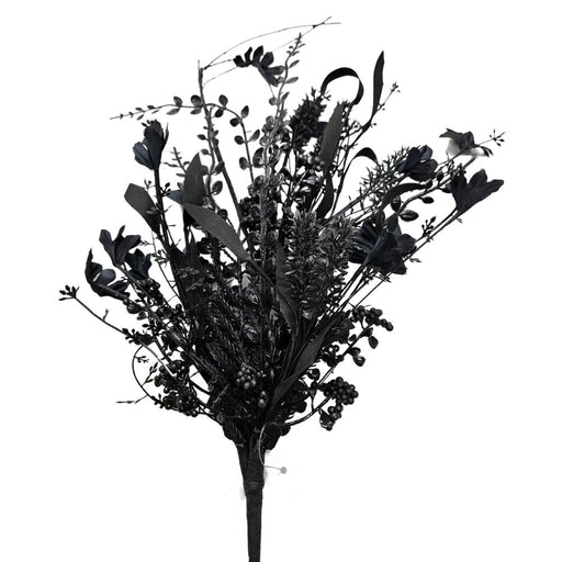 The 24 Black Mixed Halloween Spray 63526-BK features assorted dried flowers and foliage, all in uniform black tones, displayed against a plain white background.