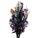 The 24 Purple Mixed Halloween Spray 63526-PU features purple mixed berries, black stems, orange flowers, and a black ribbon, arranged against a white background.