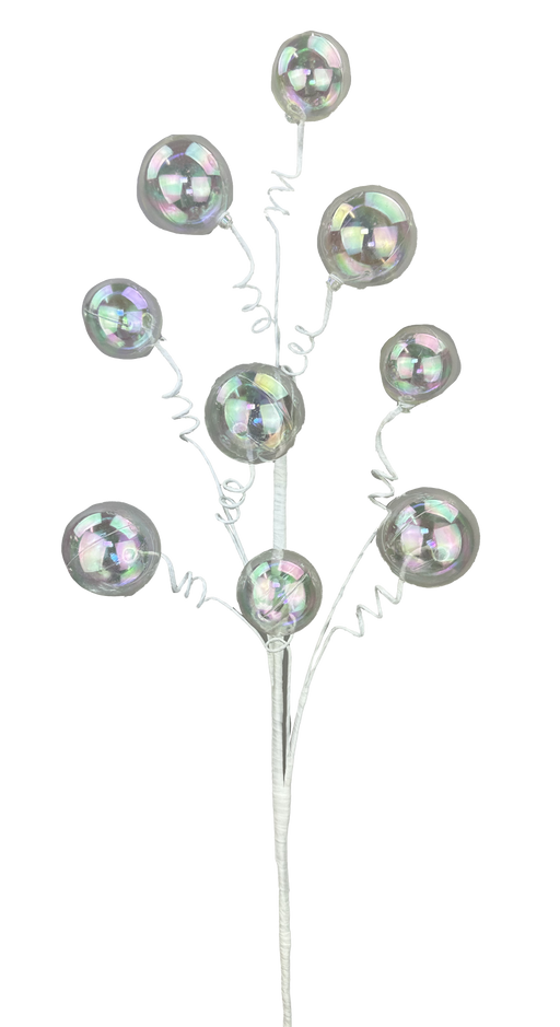 The H28 Clear Iridescent Ball Spray features swirling stems and nine iridescent balls on a white wire, making it perfect for adding elegance to any occasion. Product code: 63591CLEAR.