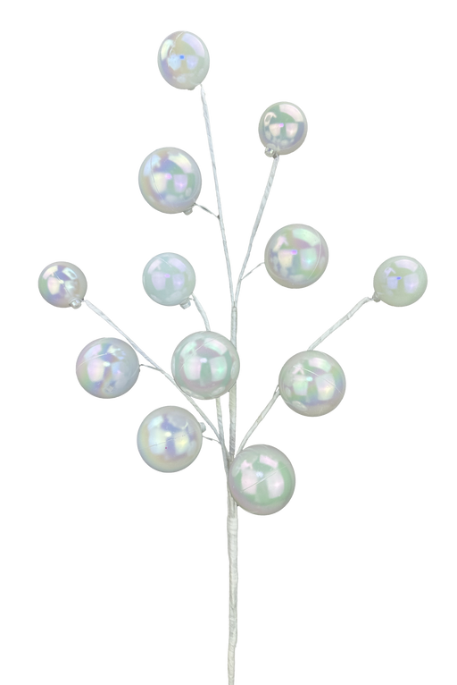 The H28 Pearl Pearl Spray 12 Stems 63592PEARL showcases multiple white, iridescent pearl-like ornaments gracefully attached to wire stems, elegantly isolated against a plain background.