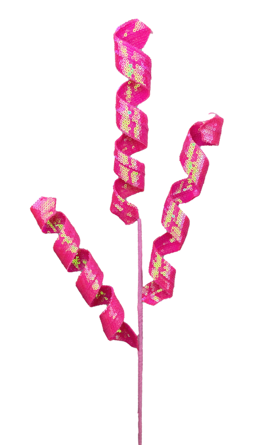 The 24 Hot Pink 3 Stems Sequin Frizzy Curly Spray 63597HTPK features spiraled decorations crafted from sequin-covered ribbon, forming three curly stems on a thin base. Sequins reflect light for a vivid, textured look against a plain white background.
