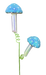 The 22 Blue 2 Stems Sequin Polka Dot Mushroom Spray (63607BL) features two whimsical, iridescent mushrooms with blue, sequin polka dot caps and luminous white stems connected by a curly green wire on a pristine white backdrop.