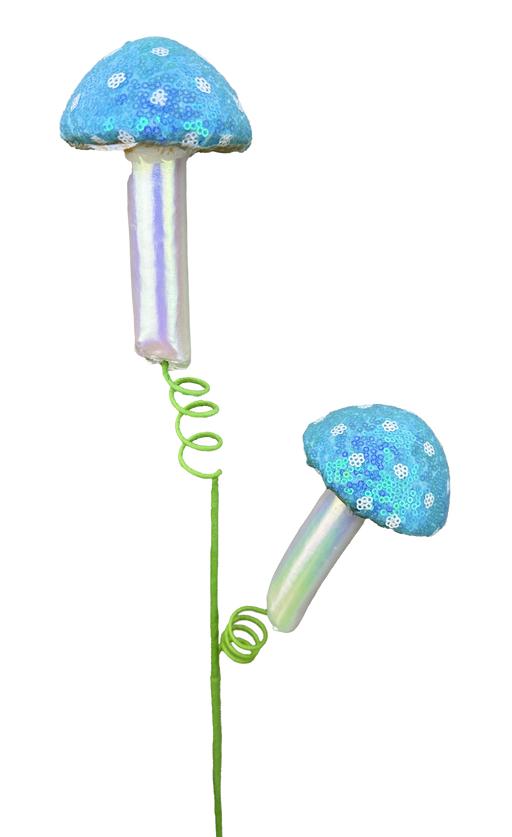 The 22 Blue 2 Stems Sequin Polka Dot Mushroom Spray (63607BL) features two whimsical, iridescent mushrooms with blue, sequin polka dot caps and luminous white stems connected by a curly green wire on a pristine white backdrop.