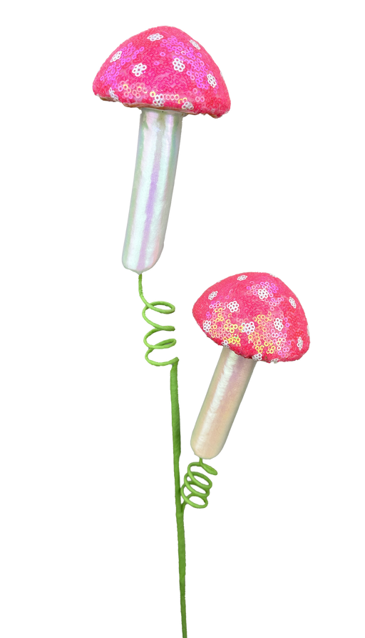 The Sequin Polka Dot Mushroom Spray (63607PK) features two decorative mushrooms with red caps adorned in sequin polka dots and pale pink 22 stems, connected by curly green wires for a whimsical look.