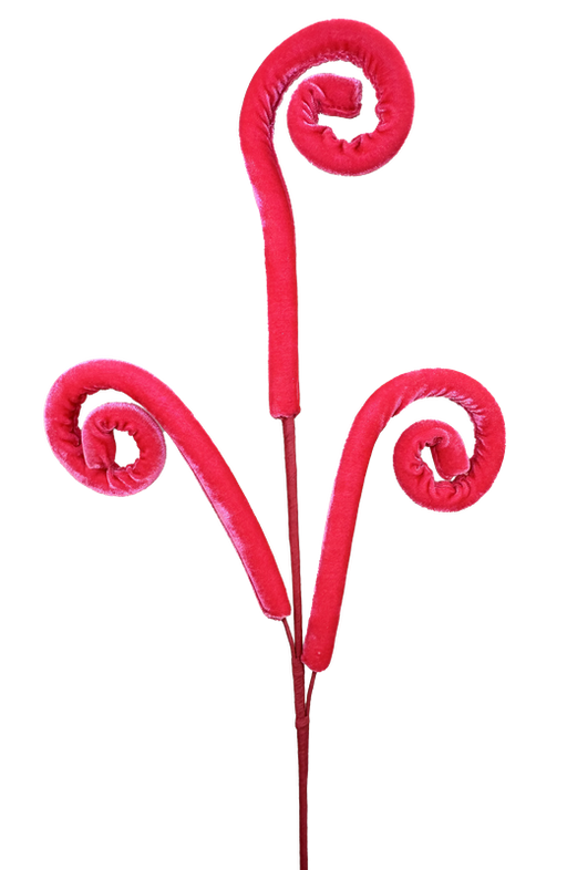 Three spiral objects like Coral 3 Stems Velvet Spiral Curly Spray fiddleheads rise from thin stems. These stylized decorative elements stand at 28 tall against a white background with a hint of coral elegance.