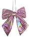 The 16 by 12 Pink Pearlescent Bow Ornament (63629PK) features wired loops for fullness, a reflective large design with long tails, and a smooth glossy texture to enhance its vibrant iridescent shades.
