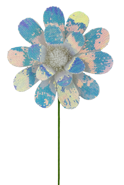The 24 by 8 Iridescent Sequin Daisy Spray (63630IRDS) features a green stem with nine large, shimmering petals in blue, pink, and white sequins that sparkle against the black backdrop.