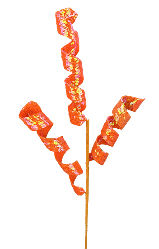 Three thin stems of 24 Orange Sequin Frizzy Curly Spray 63631OR stand upright, their bright spiraling decorations set against a plain background.