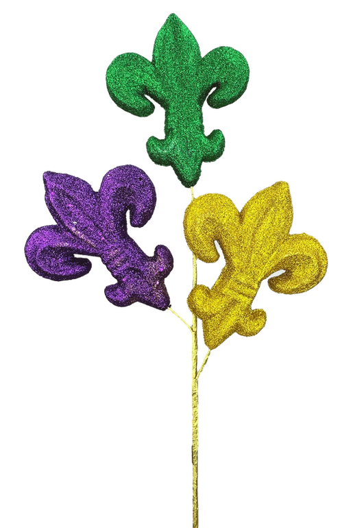 H28 Mardi Gras Glitter Fleur de Lis Spray 3 Stems 63655MG