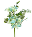 An 18 Blue Hydrangea Leaves Pick (63663BL) features light blue and cream hydrangeas with buds, surrounded by green leaves and ferns on a single stem, set against a plain white background.