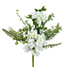 The 18 Cream Hydrangea Leaves Pick (63663CM) presents a bouquet of delicate hydrangeas and small blossoms, mingled with lush green leaves and ferns. Its fresh, natural appeal is enhanced against a plain background, highlighting the bouquets intricate details.