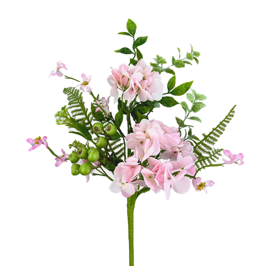 The 18 Pink Hydrangea Leaves Pick (63663PK) showcases delicate light pink hydrangeas with green leaves, ferns, small pink blossoms, and green berries on long stems, beautifully arranged against a pristine white background.