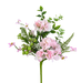 The 18 Pink Hydrangea Leaves Pick (63663PK) showcases delicate light pink hydrangeas with green leaves, ferns, small pink blossoms, and green berries on long stems, beautifully arranged against a pristine white background.