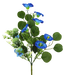 The 18 Blue Petunia Filler Pick (63687BL) showcases vibrant deep blue flowers with yellow-green centers, complemented by round green leaves and small white blossoms, all beautifully set against a white background.