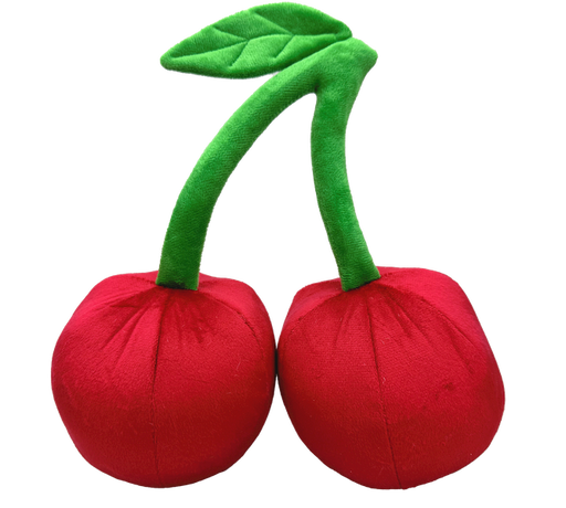 An 11 x 5.5 plush toy featuring two bright red cherries with green stems and a leaf, connected at the top. Style: 63694RD.