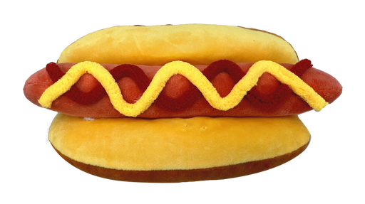 Meet the 4.5 X 8 Plush Hot Dog 63697HOTDOG, a charming toy with a soft bun, brown sausage, and wavy yellow and red lines mimicking mustard and ketchup—ideal for snack-time fans!.