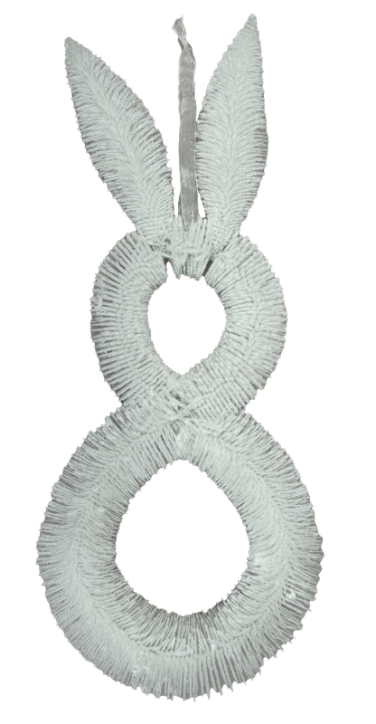 The 24 x 10 x 2 White Fuzzy Brush Bunny Form (63743WT) features upright bunny ears, a number eight shape, a hanging loop, and a soft feathery texture for decorative use.