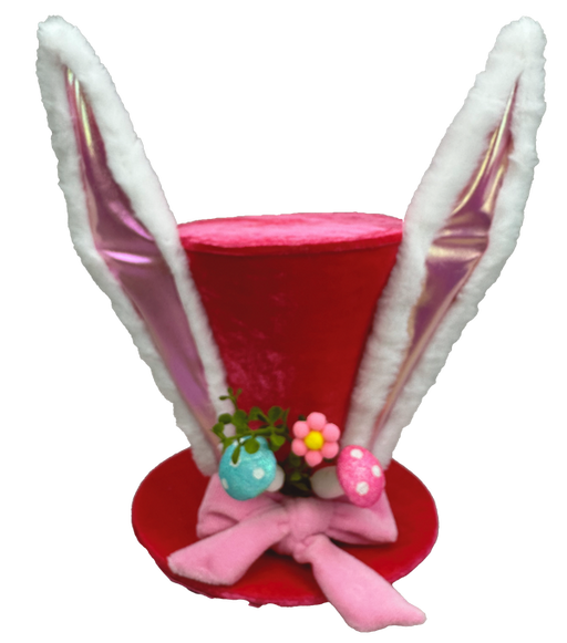 The 12 by 8 Coral Decorative Velvet Bunny Hat 63772CO is an enchanting play of colors, featuring large white and pink rabbit ears, a pink ribbon, multicolored decorations including eggs and a small green plant for a festive and whimsical charm.