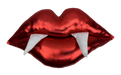A pair of shiny red lips with two white vampire fangs, resembling the 7 x 13 x 2 Red Plush Vampire Lip 63824RD, displayed against a plain background.
