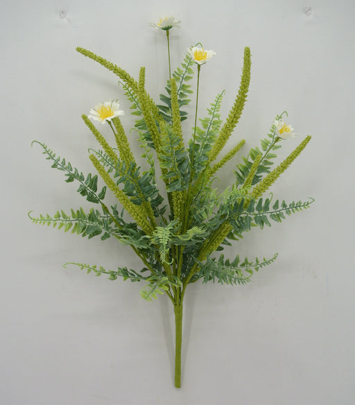 A 20 Cream Mixed Dogtail Bush (63835-CR) with artificial green foliage and white flowers featuring yellow centers is skillfully arranged against a plain white background, enhancing the displays texture with diverse leaf shapes.