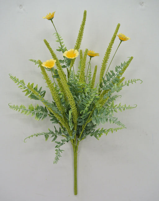A 20 Yellow Mixed Dogtail Bush (63835-Yel), featuring vibrant yellow daisies and tall green foliage, adds a lively accent to home decor against a plain light background.