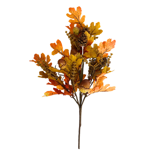 The 21 Acorn Bush 64194, adorned with orange-yellow and long brown leaves, acorns, and a pinecone, is displayed against a white background.