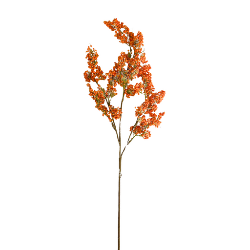 The 32 Orange Berry Spray 64324-OR features clusters of small, bright orange berries with a few green leaves on a pristine white background.