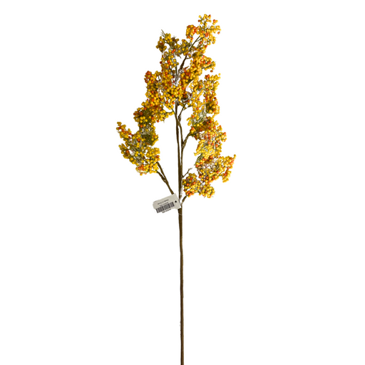 The 32" Yellow Berry Spray (Product Code: 64324-YEL) features clusters of small yellow and orange flowers, giving it the appearance of a vibrant artificial floral stem. A white tag is attached to the stem.