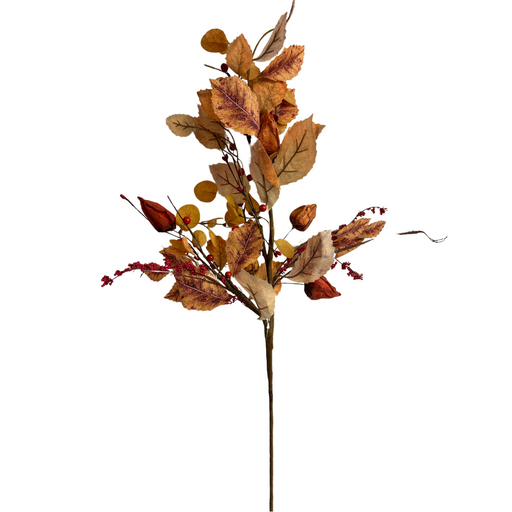 The 32 In Mixed Berries, Leaves, and Lantern 64426 features an artificial autumn branch with brown, orange, and yellow leaves plus red lantern-like berries and small seed pods, shown against a white background.